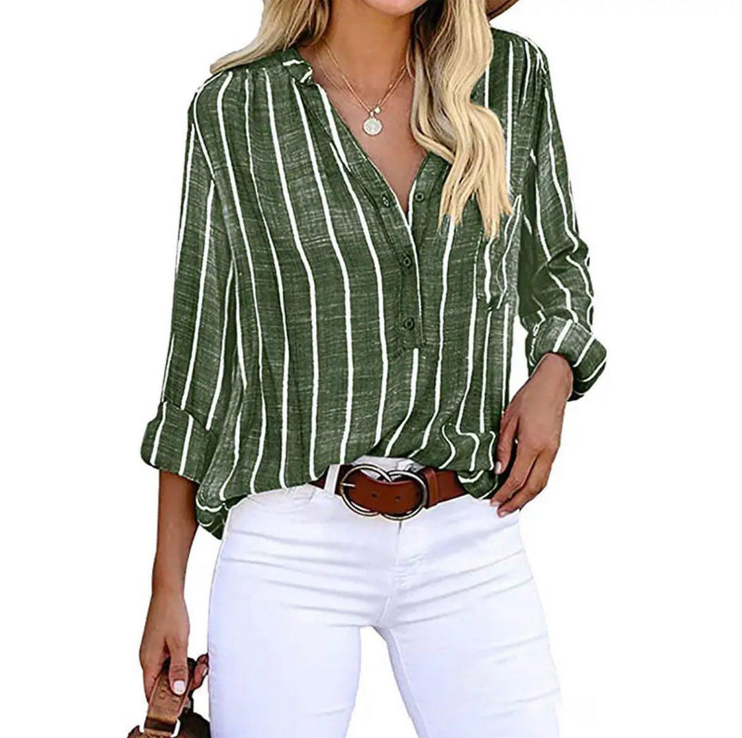 Striped V-Neck Button-Up Blouse with Relaxed Fit