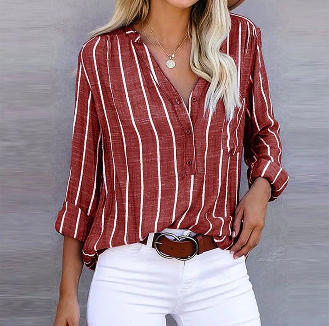Striped V-Neck Button-Up Blouse with Relaxed Fit