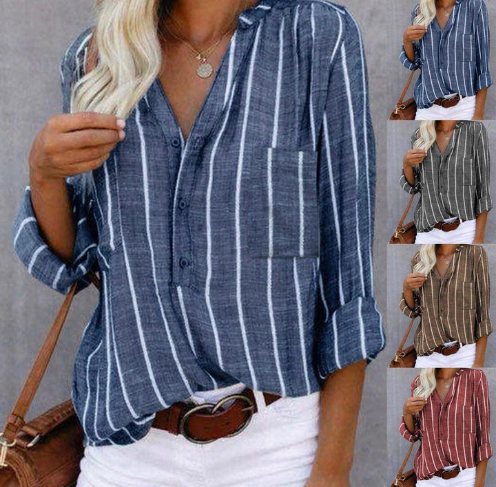 Striped V-Neck Button-Up Blouse with Relaxed Fit