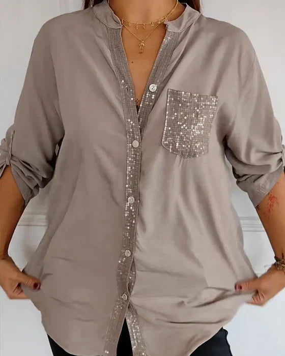 Sequin Pocket Button-Up Shirt with Relaxed Fit
