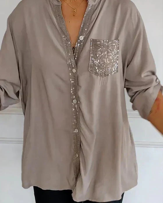 Sequin Pocket Button-Up Shirt with Relaxed Fit