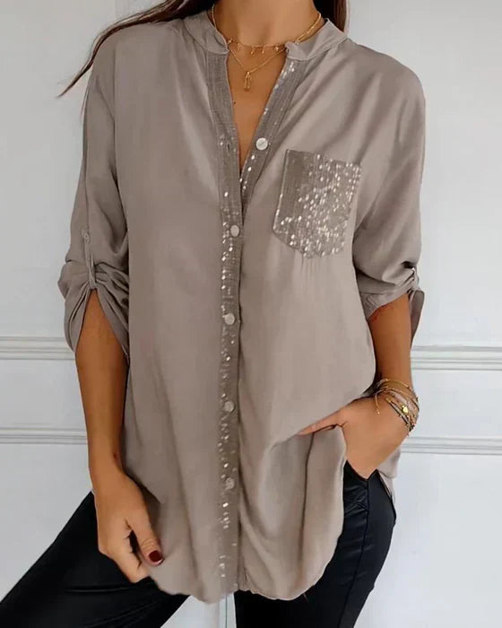 Sequin Pocket Button-Up Shirt with Relaxed Fit