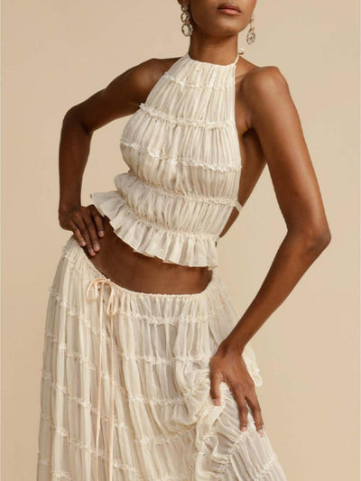 Pleated Drawstring Charm Waist Tiered Maxi Skirt Suit