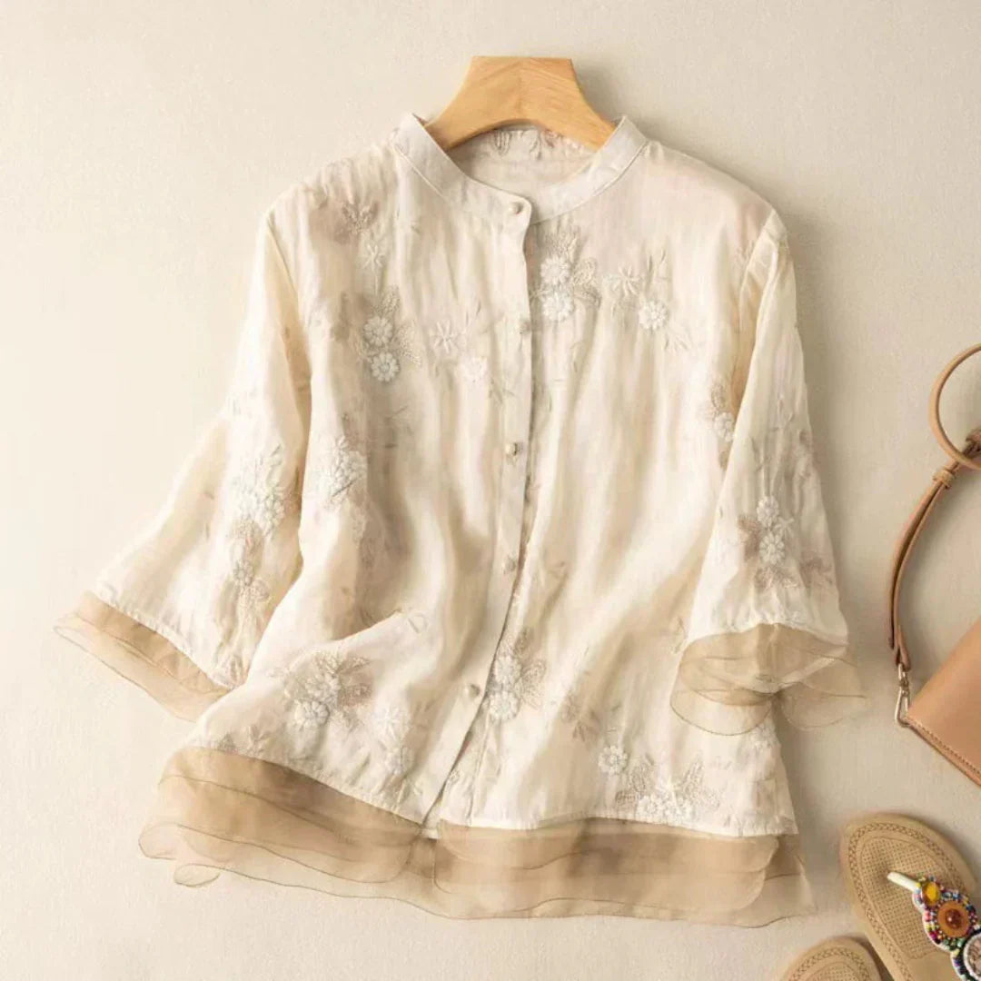 Sheer Embroidered Long Sleeve Blouse with Relaxed Fit