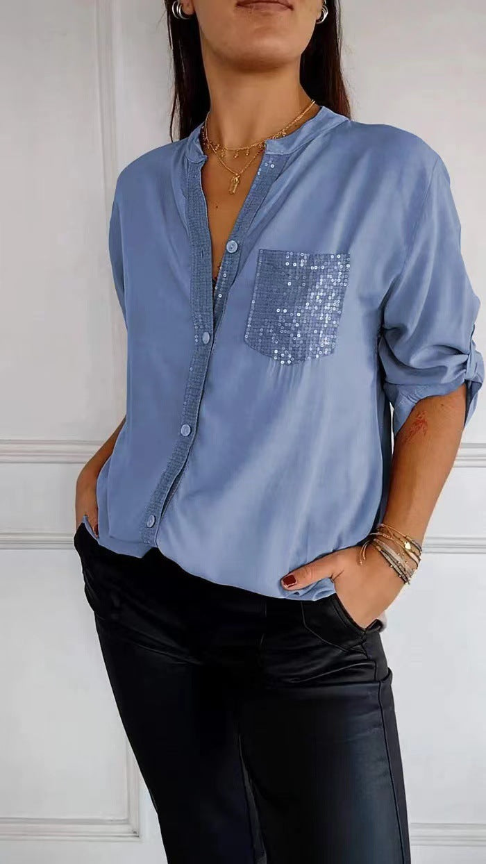 Sequin Pocket Button-Up Shirt with Relaxed Fit