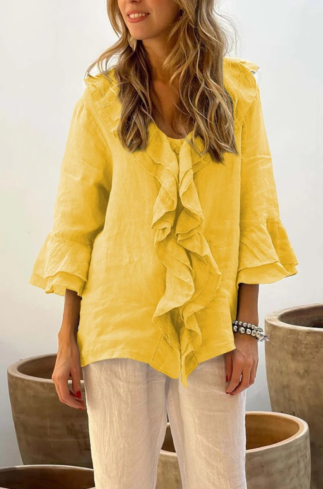 Ruffle Front Long Sleeve Blouse with Relaxed Elegant Fit