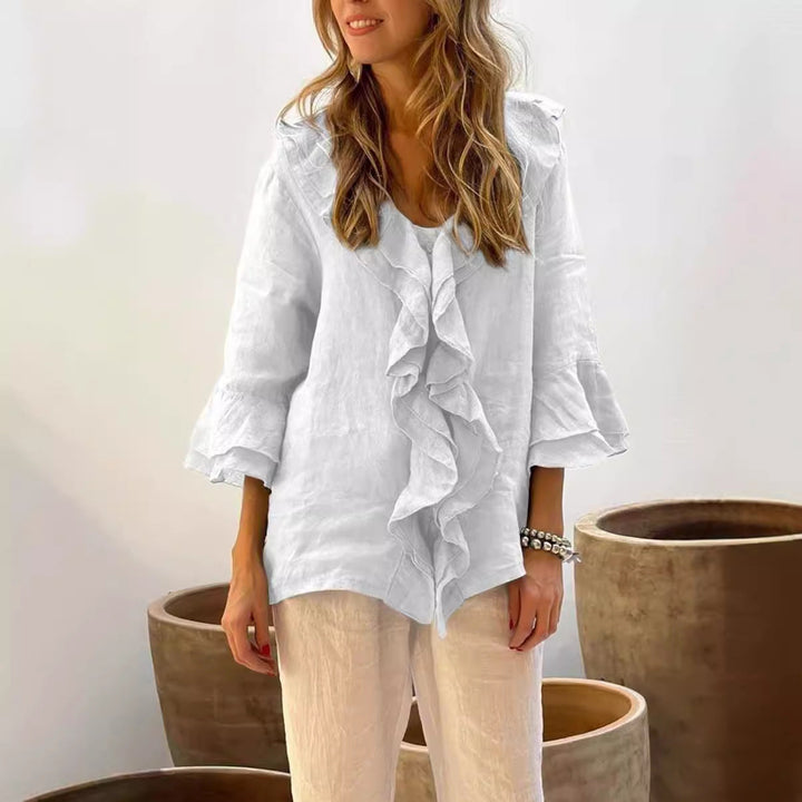 Ruffle Front Long Sleeve Blouse with Relaxed Elegant Fit