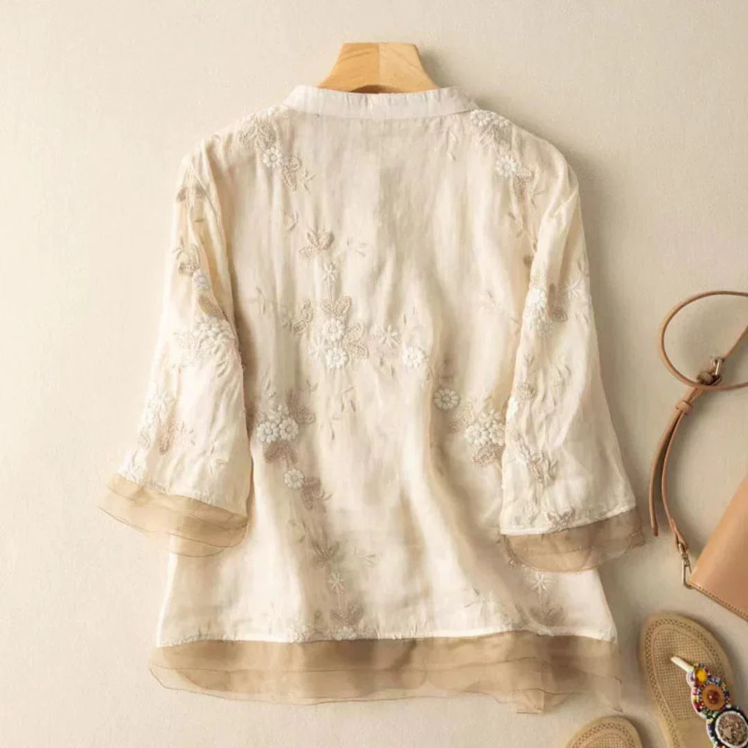 Sheer Embroidered Long Sleeve Blouse with Relaxed Fit