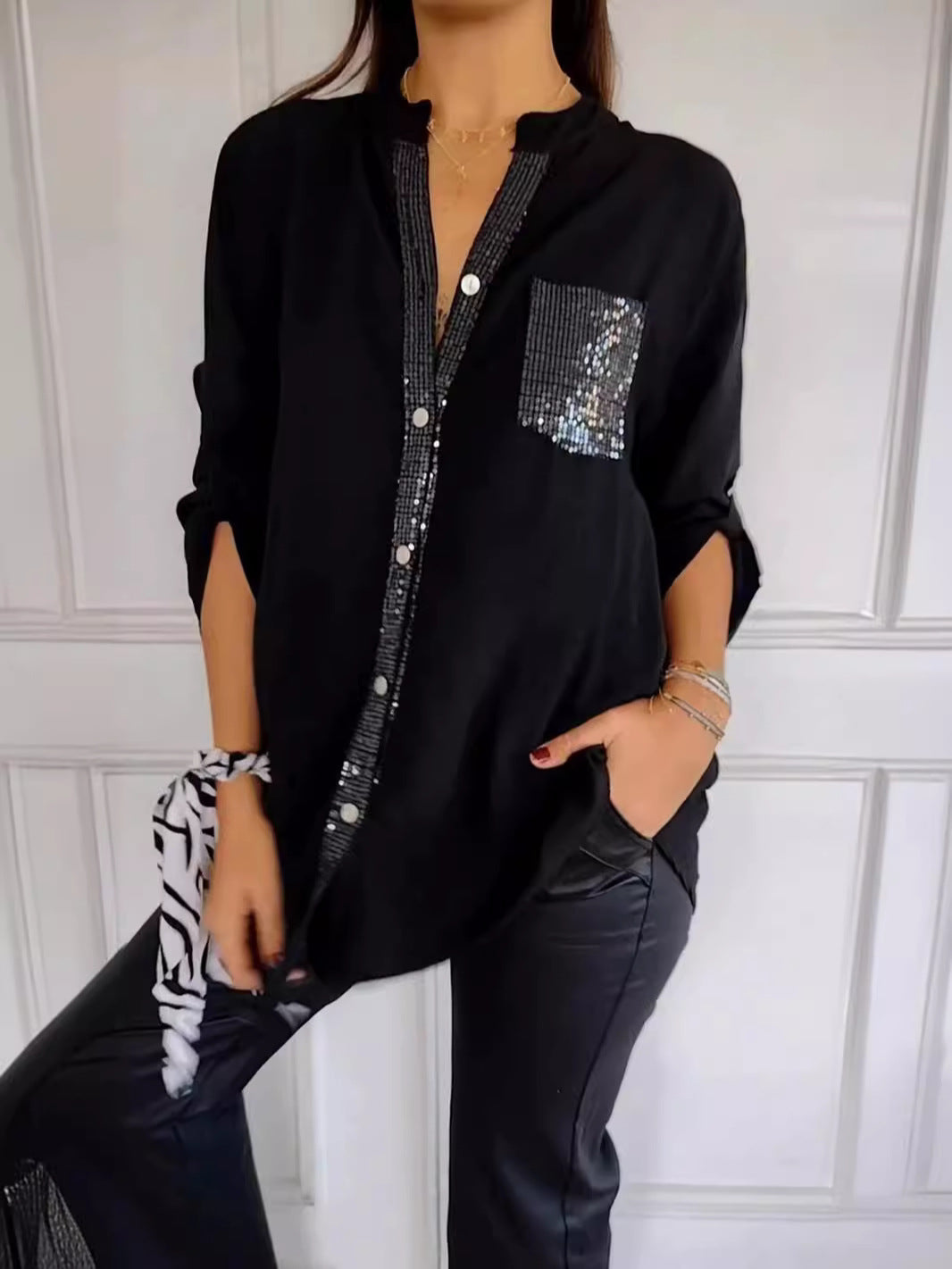 Sequin Pocket Button-Up Shirt with Relaxed Fit