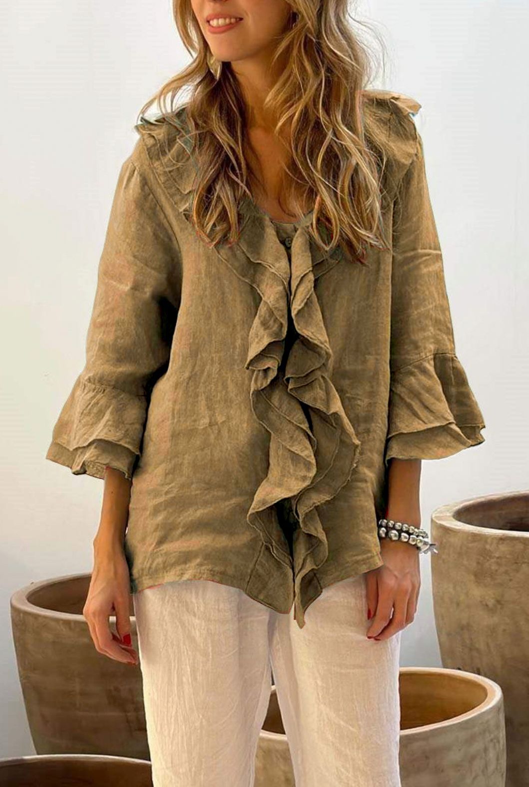 Ruffle Front Long Sleeve Blouse with Relaxed Elegant Fit