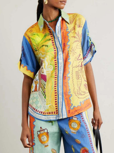 Summer Fantasy Print Short Sleeve Loose Top + Pants Set