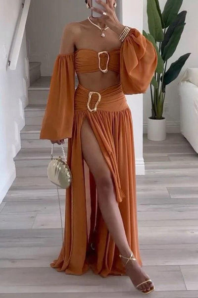 Chiffon high waist flowy asymmetric draped maxi skirt set