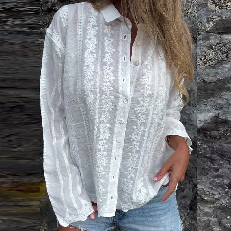Embroidered Button-Up Blouse with Relaxed Feminine Fit