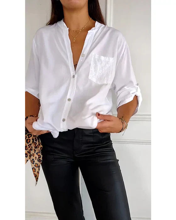 Sequin Pocket Button-Up Shirt with Relaxed Fit