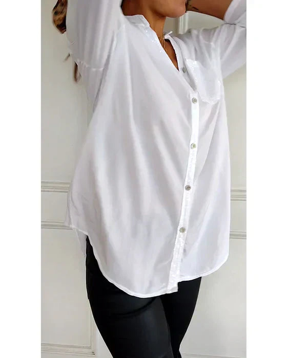 Sequin Pocket Button-Up Shirt with Relaxed Fit