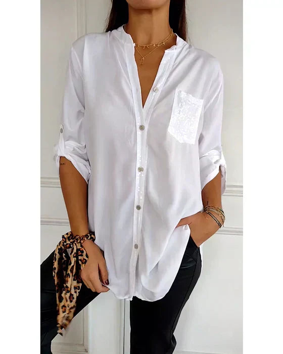 Sequin Pocket Button-Up Shirt with Relaxed Fit