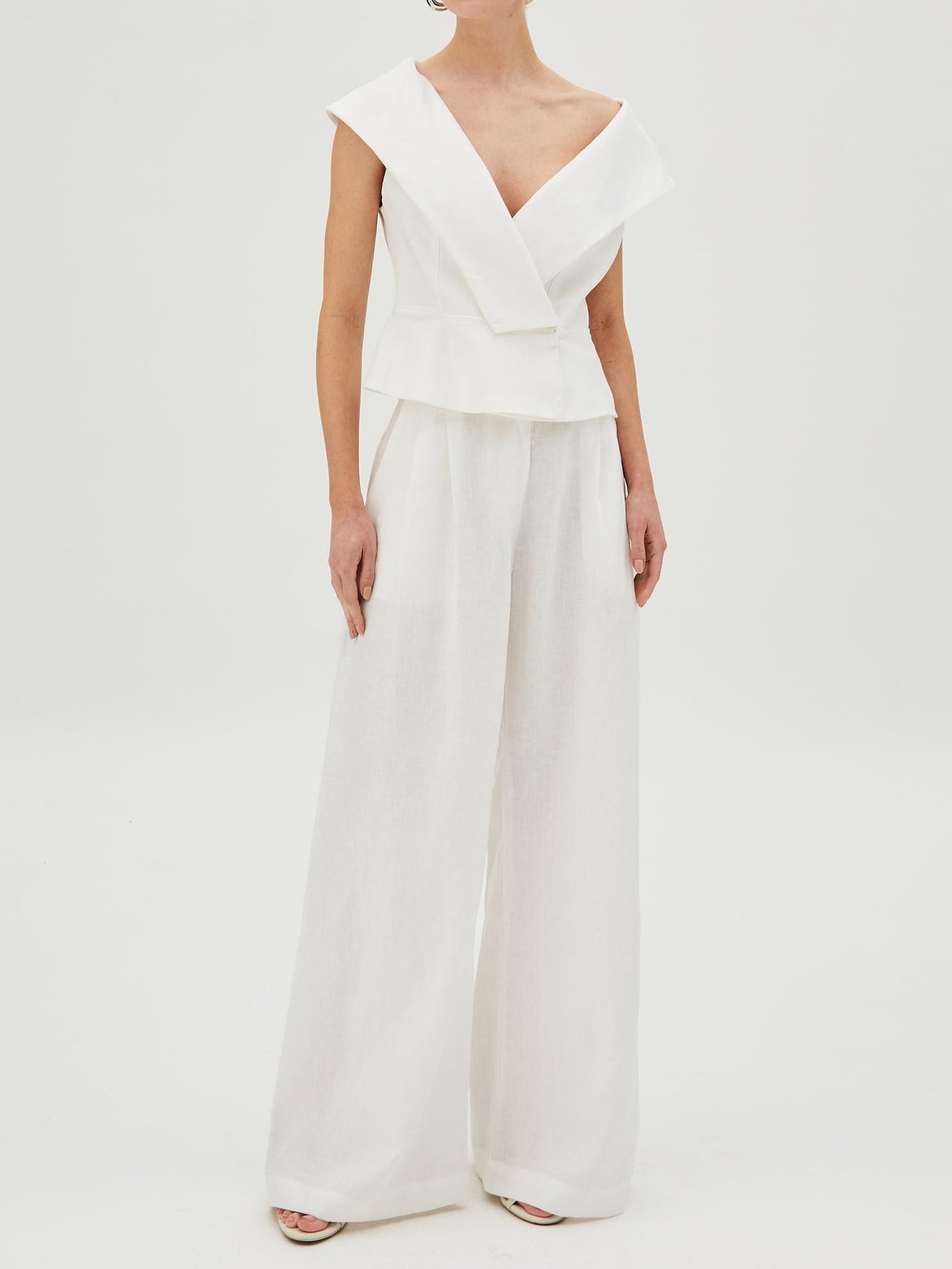 White Linen V-Neck Top and Pants Set