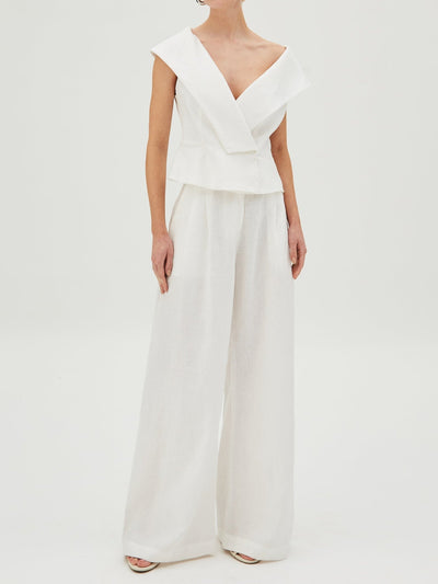 White Linen V-Neck Top and Pants Set