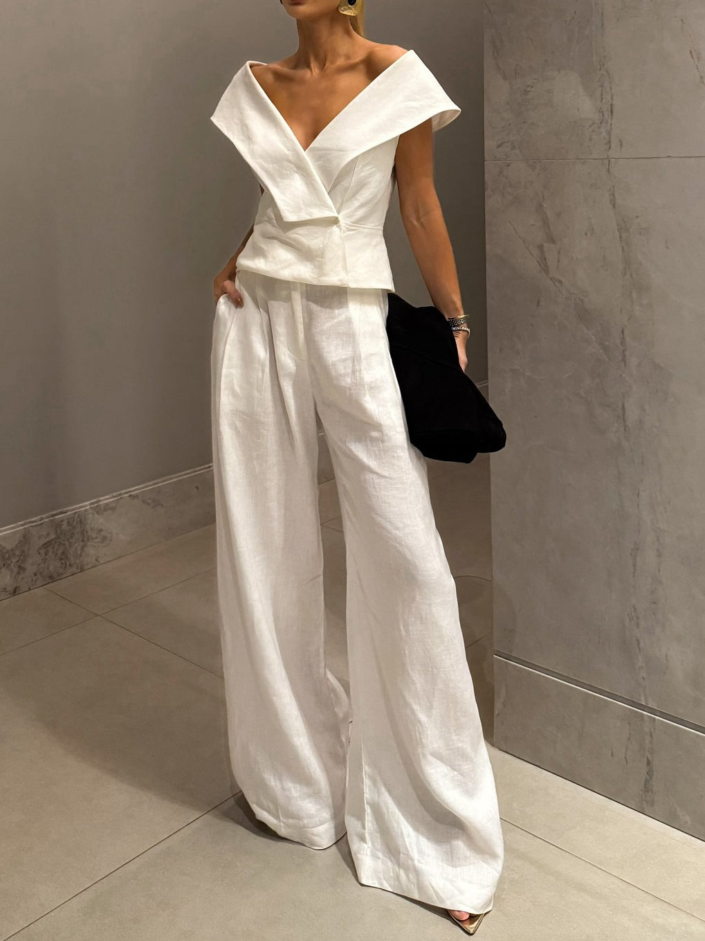 White Linen V-Neck Top and Pants Set