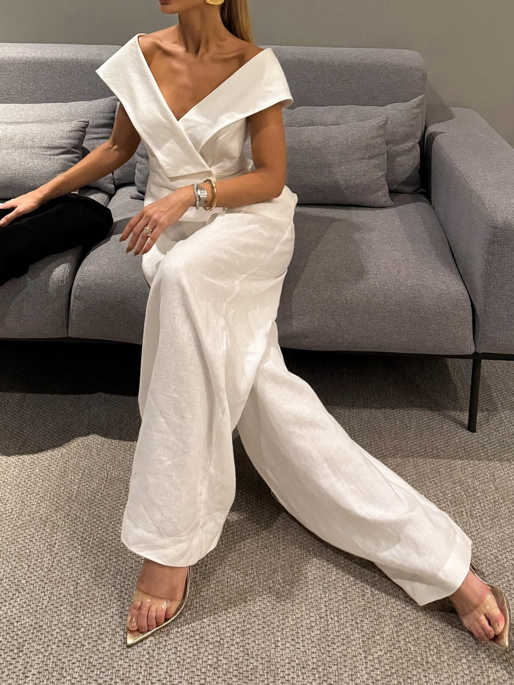 White Linen V-Neck Top and Pants Set