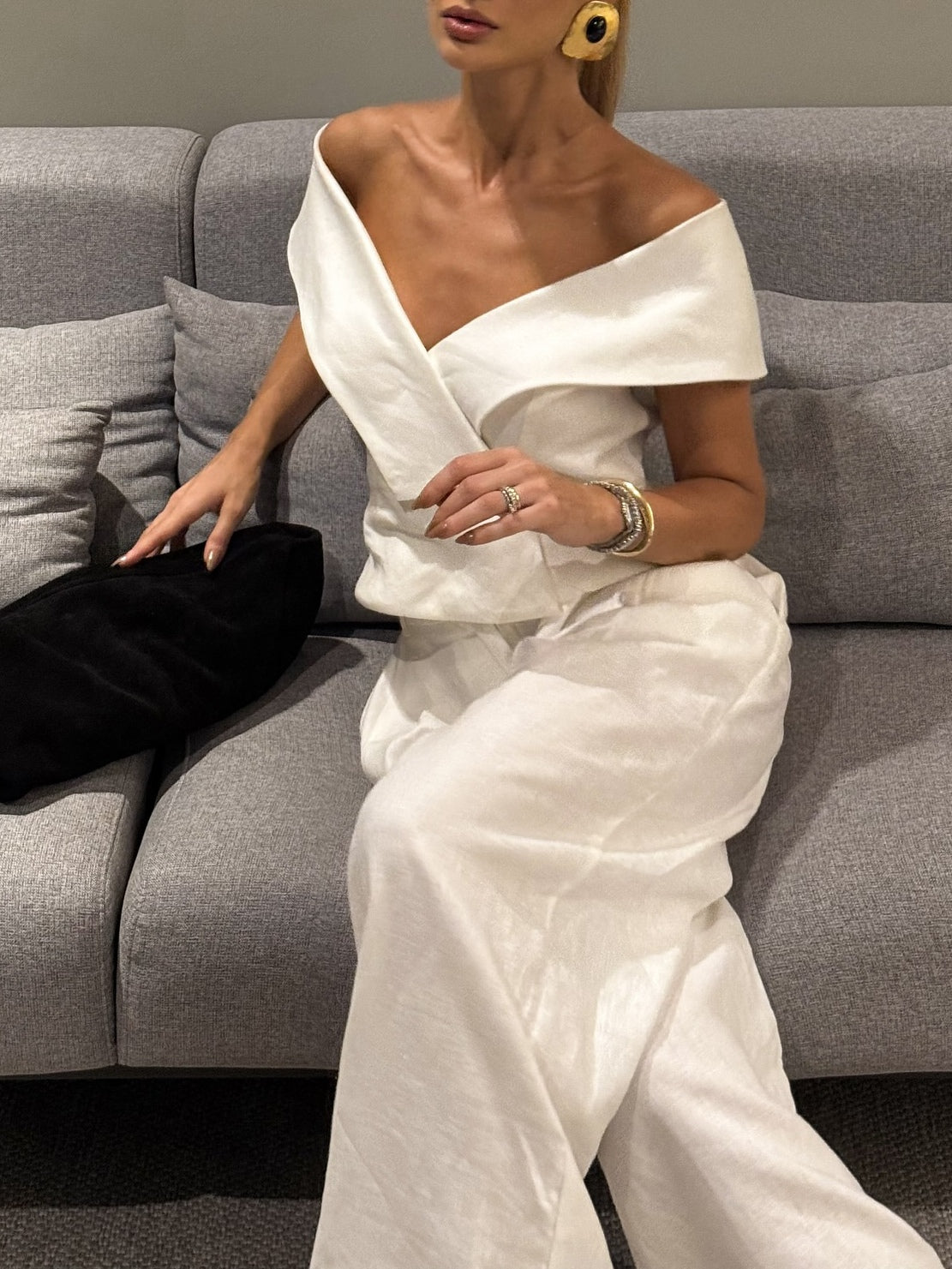 White Linen V-Neck Top and Pants Set
