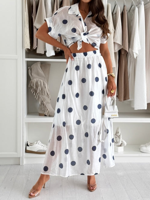 White Polka Dot Short Sleeve Cropped Shirt and Long Skirt Set