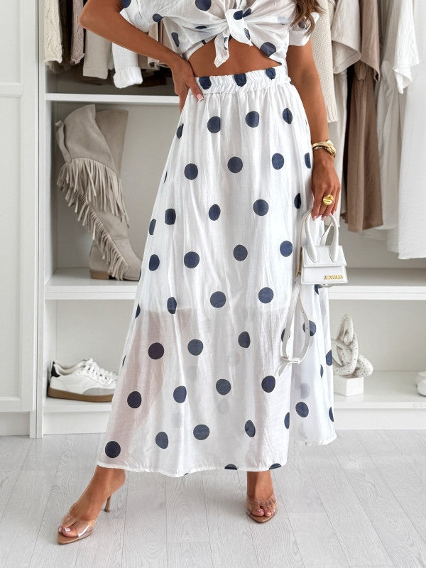 White Polka Dot Short Sleeve Cropped Shirt and Long Skirt Set