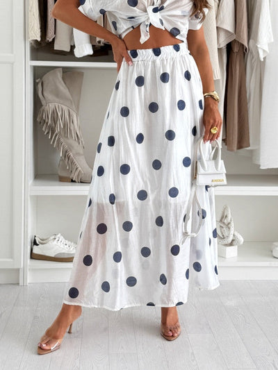 White Polka Dot Short Sleeve Cropped Shirt and Long Skirt Set