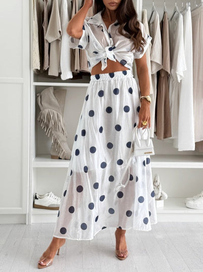 White Polka Dot Short Sleeve Cropped Shirt and Long Skirt Set