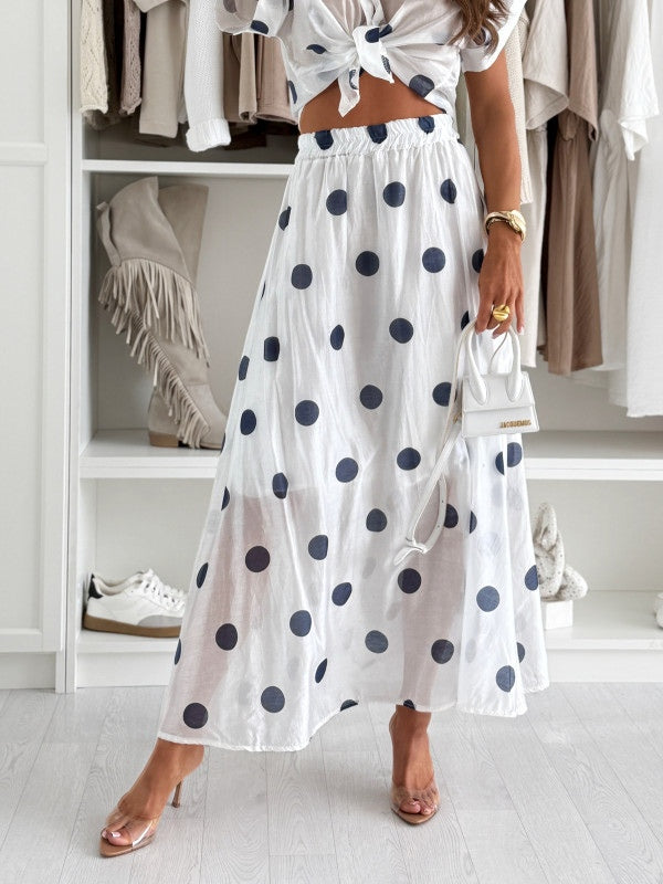 White Polka Dot Short Sleeve Cropped Shirt and Long Skirt Set