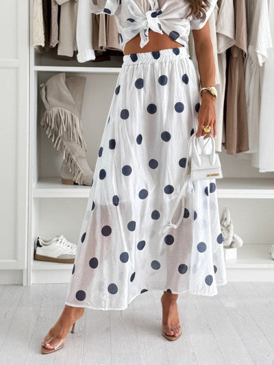 White Polka Dot Short Sleeve Cropped Shirt and Long Skirt Set