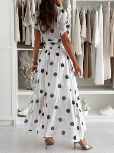 White Polka Dot Short Sleeve Cropped Shirt and Long Skirt Set