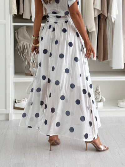 White Polka Dot Short Sleeve Cropped Shirt and Long Skirt Set