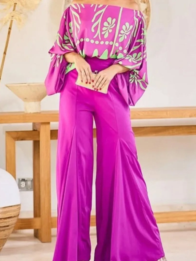 Purple Printed Off-Shoulder Top and Wide-Leg Pants Set