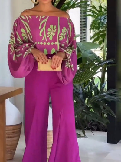 Purple Printed Off-Shoulder Top and Wide-Leg Pants Set
