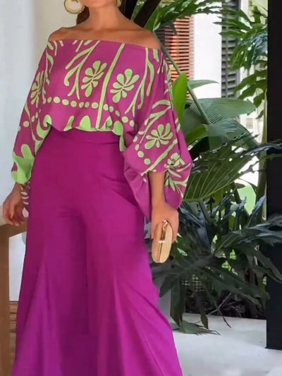 Purple Printed Off-Shoulder Top and Wide-Leg Pants Set