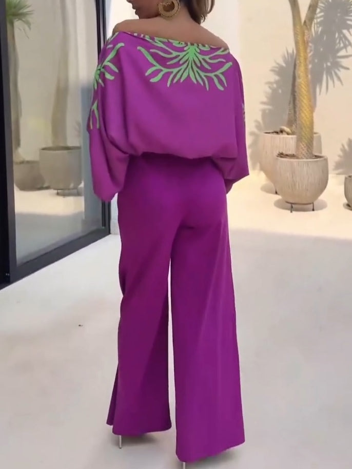 Purple Printed Off-Shoulder Top and Wide-Leg Pants Set