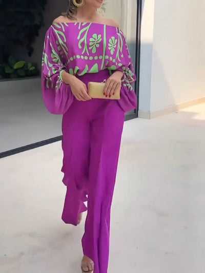 Purple Printed Off-Shoulder Top and Wide-Leg Pants Set