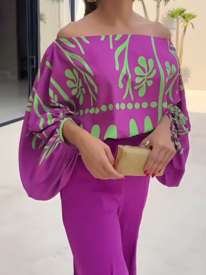Purple Printed Off-Shoulder Top and Wide-Leg Pants Set