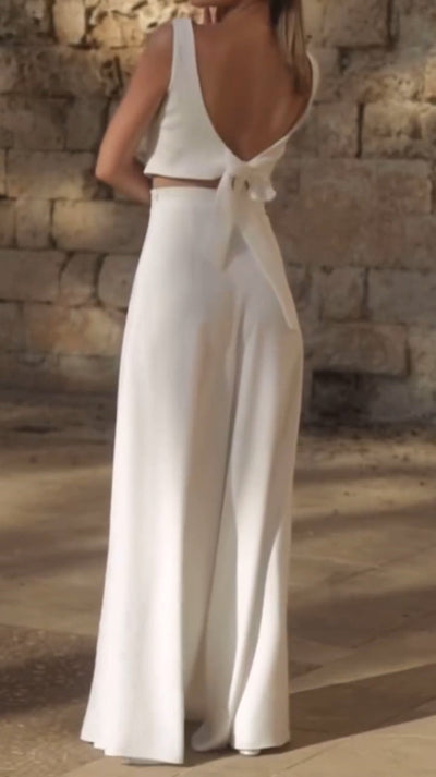 White Sleeveless Short Top and Wide-leg Pants Set