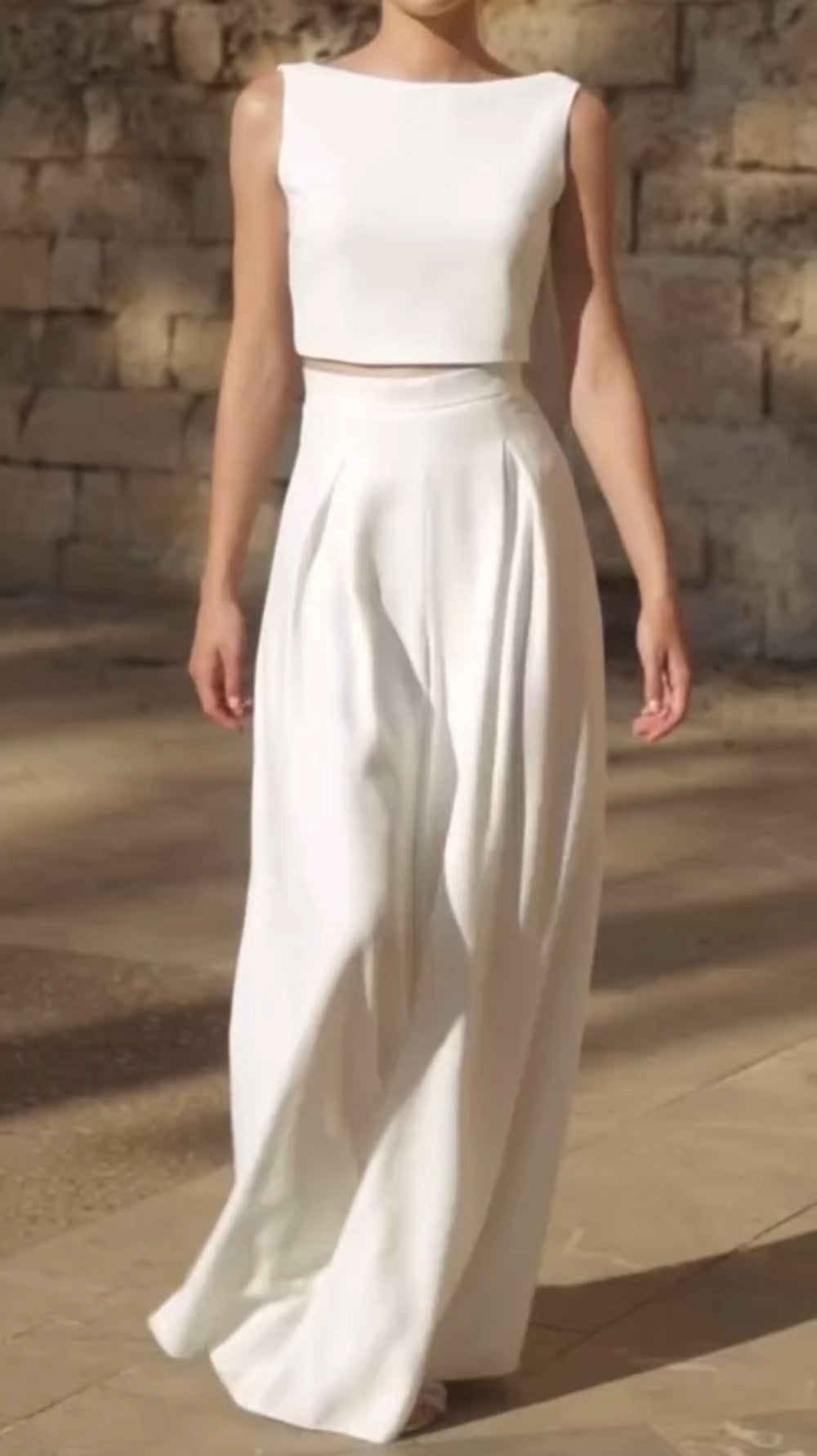 White Sleeveless Short Top and Wide-leg Pants Set