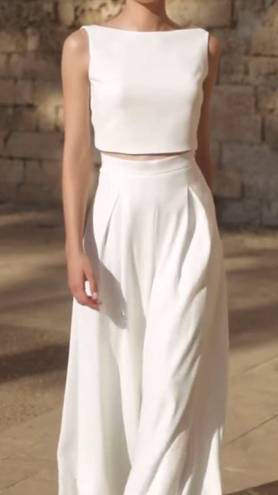 White Sleeveless Short Top and Wide-leg Pants Set