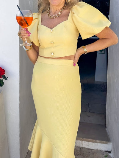 Yellow Puff Sleeve Top and Skirt Two-piece Set