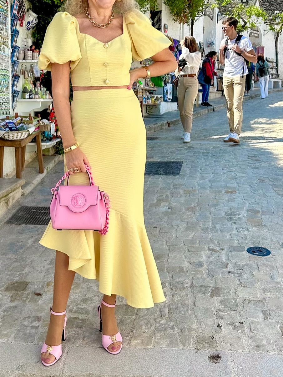 Yellow Puff Sleeve Top and Skirt Two-piece Set