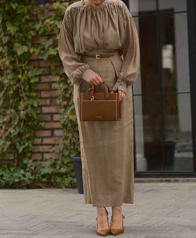 Khaki Elegant Pleated Top and Skirt Two-Piece Set