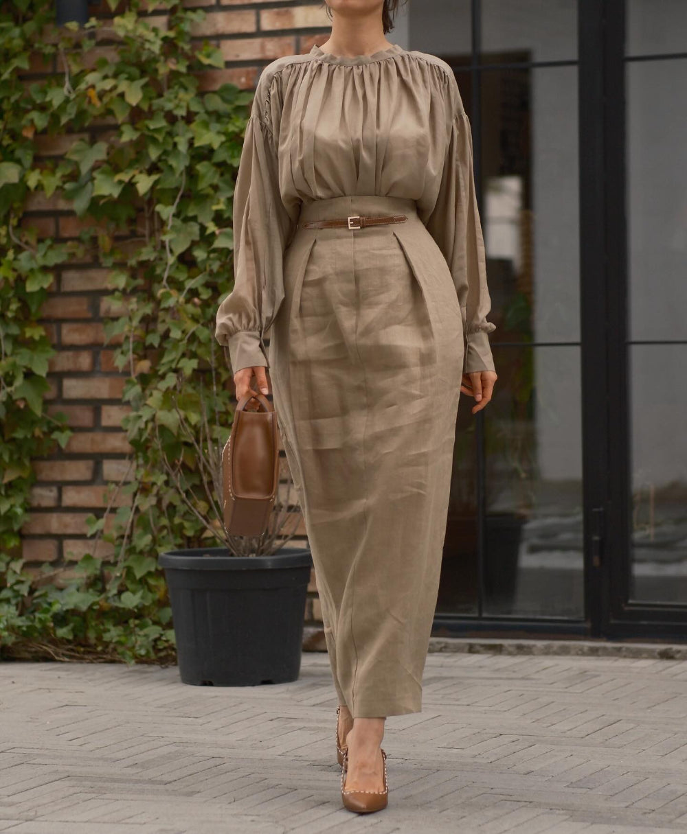 Khaki Elegant Pleated Top and Skirt Two-Piece Set