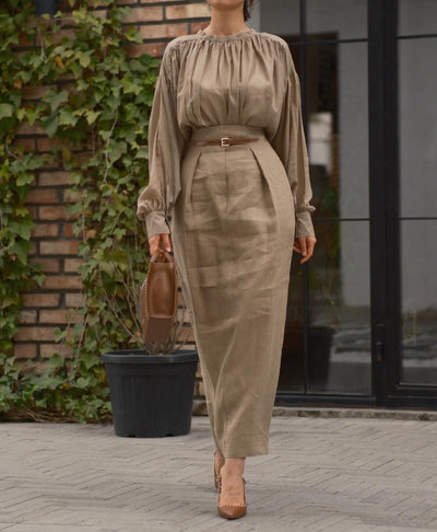Khaki Elegant Pleated Top and Skirt Two-Piece Set