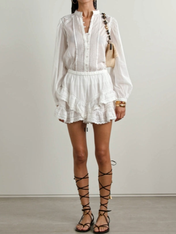 White Ruffled Lace Trim Cotton Shirt and Shorts Set