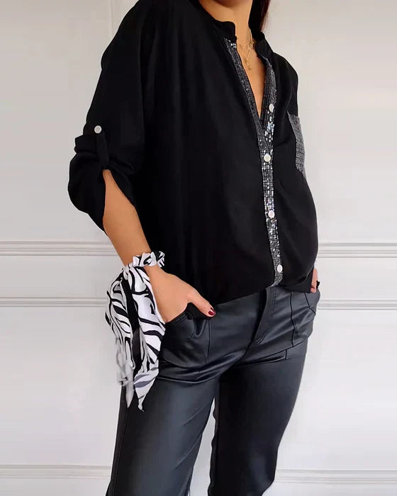 Sequin Pocket Button-Up Shirt with Relaxed Fit