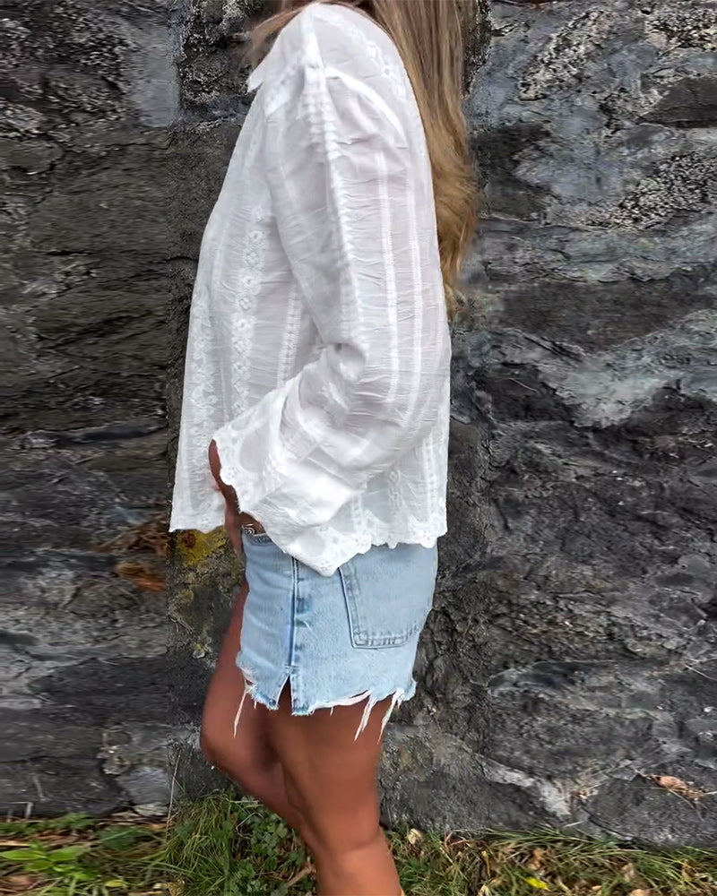 Embroidered Button-Up Blouse with Relaxed Feminine Fit
